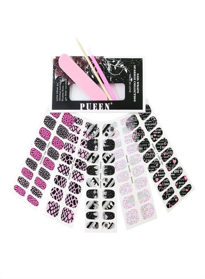 PUEEN 3D Sparkle Nail Wraps Collection WILD IN LOVE - 5 Pack (18 Strips Each) Nail Wraps/Nail Strips/Nail Foils/Nail Stickers/Nail Decals/Nail Patches Fashion Designs-BH000196 - Image 1